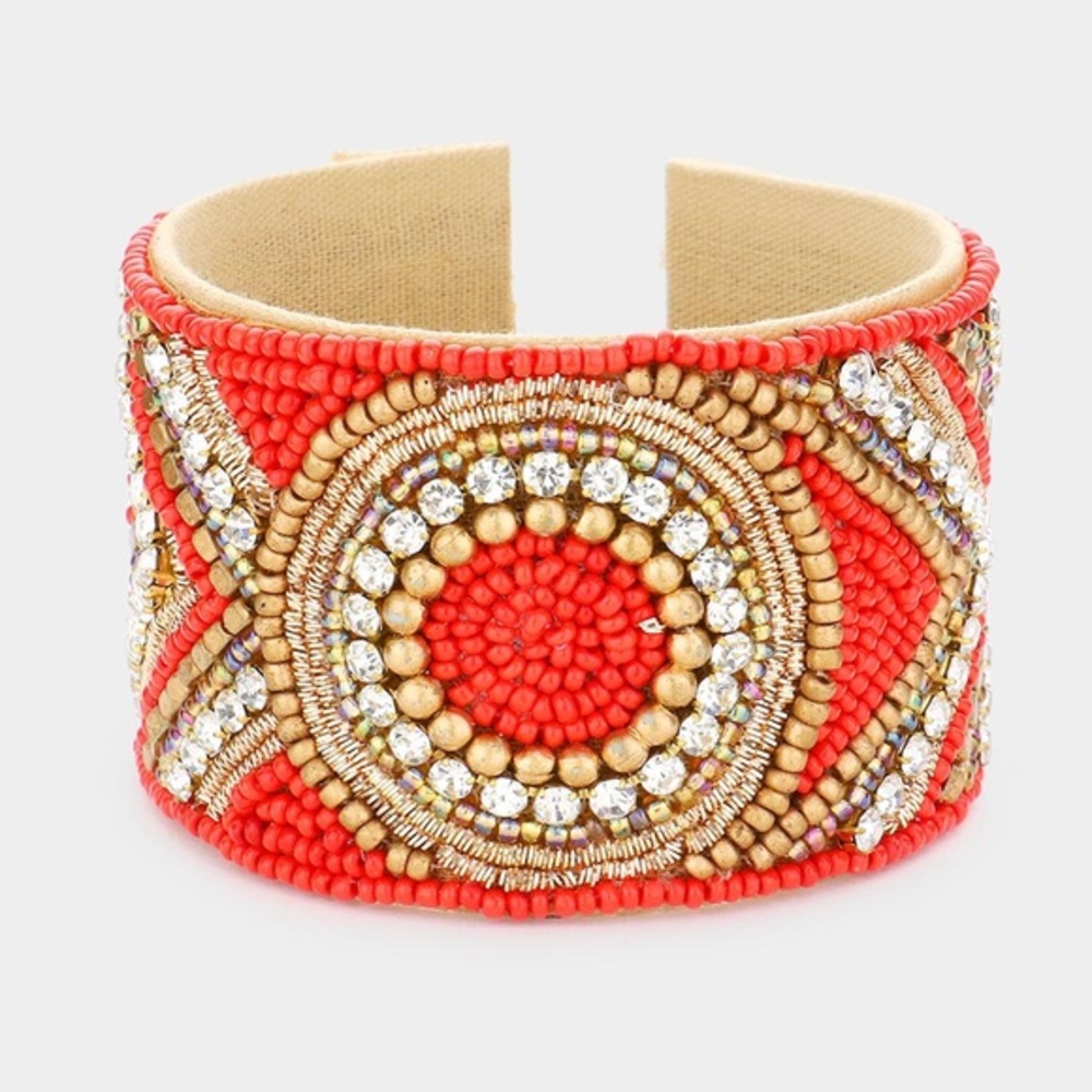 Red boho seed beaded cuff bracelet